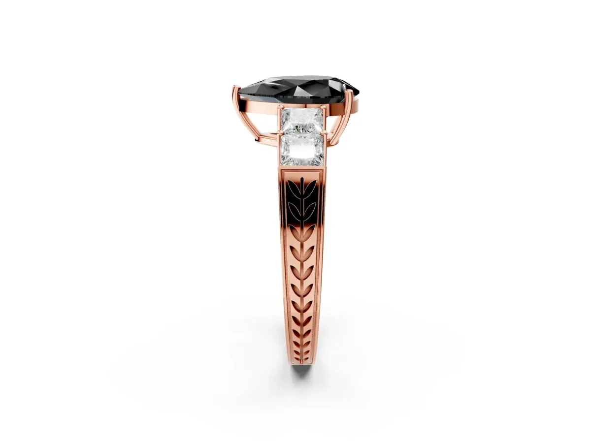 Fancy Black Pear Cut Solitaire Princess Side Stone Engraved Band Prong Setting Ring Rose gold