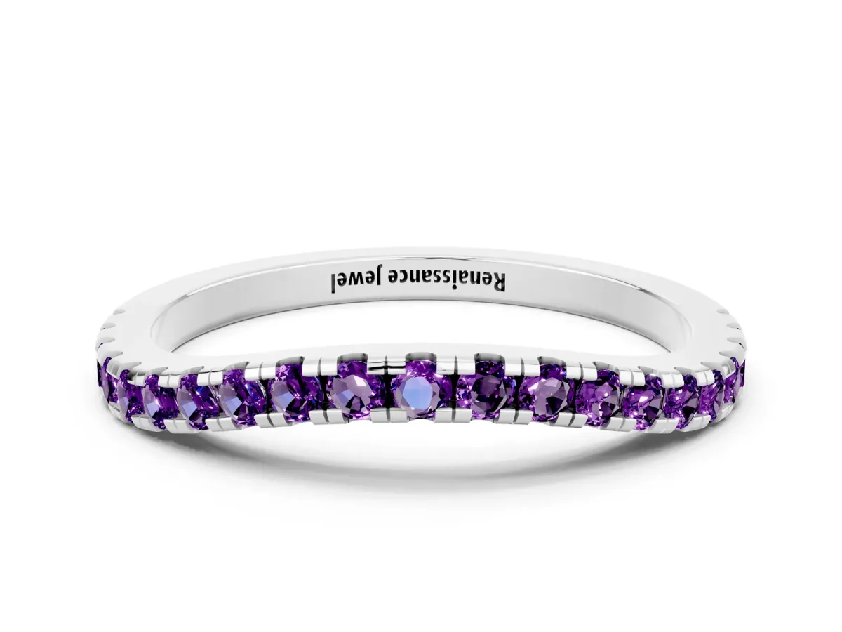 Round Amethyst Pavé Half Eternity Band with Shared Prong Setting Platinum