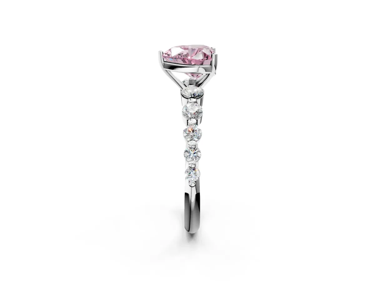 Fancy Pink Heart Cut Solitaire Diamond Ring with Pave Band and Four-Prong Setting Silver