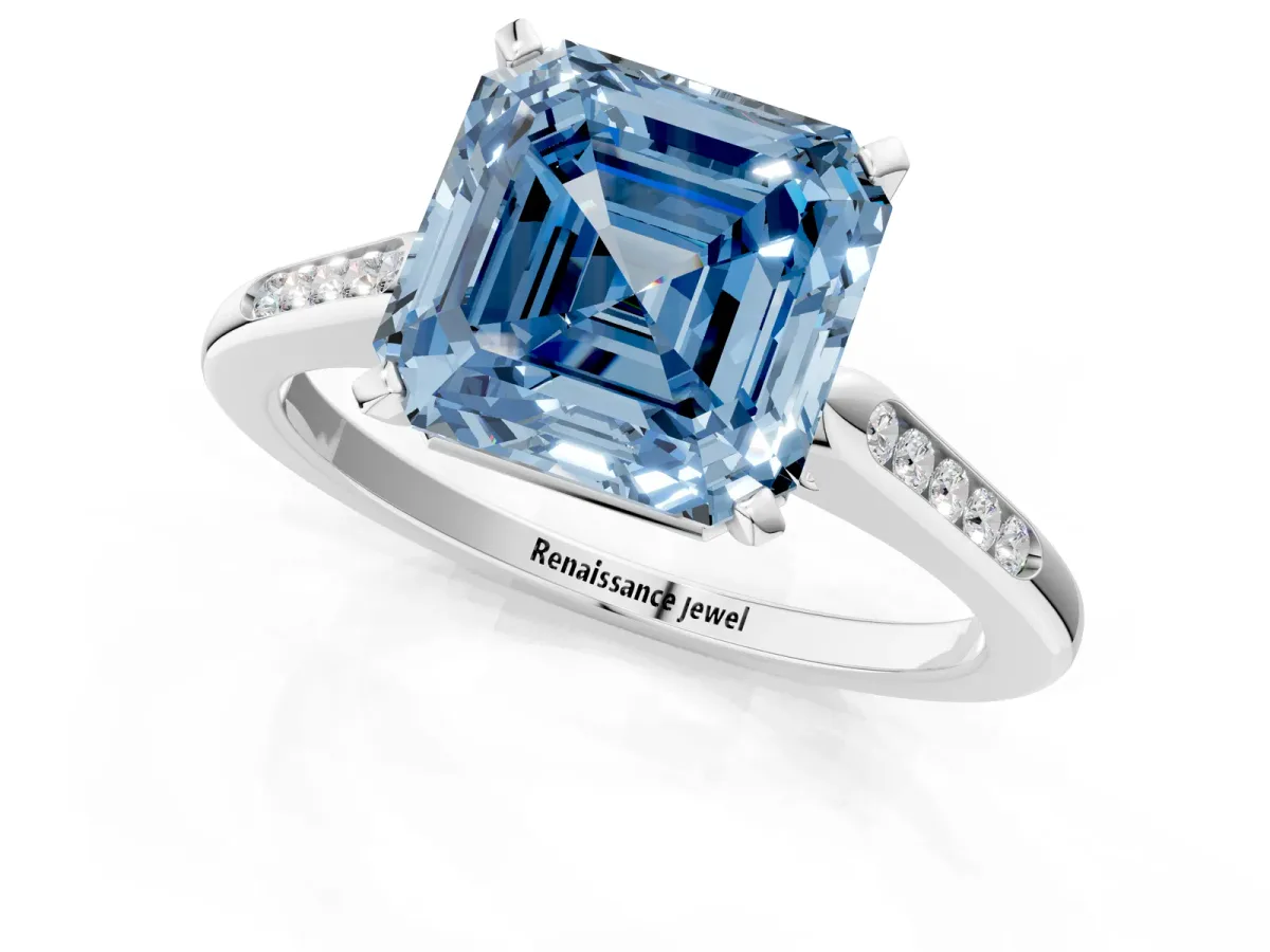 Fancy Blue Asscher Cut Diamond Solitaire Ring with Channel Set Round Band and Prong Setting Silver