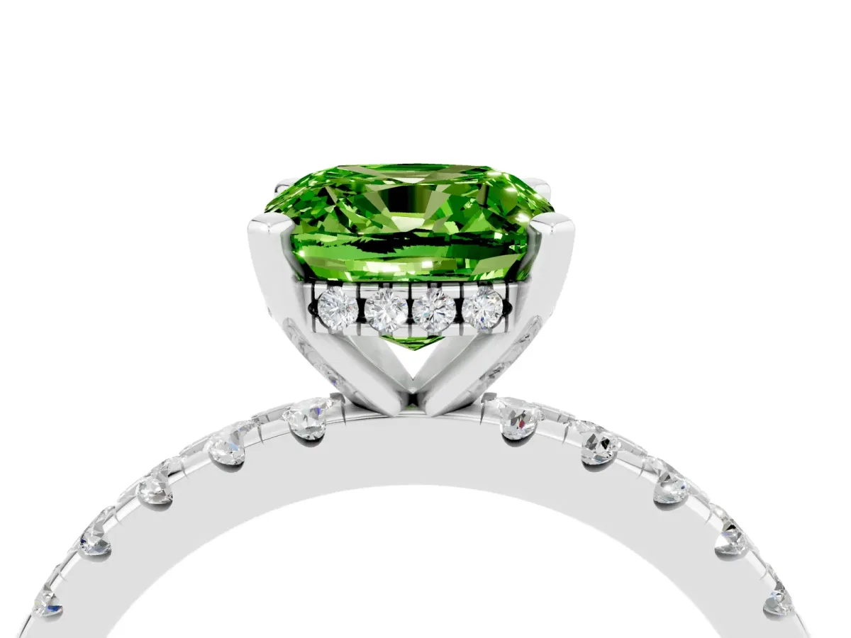Cushion Cut Peridot Solitaire Ring with Round Pavé Band and Four-Prong Setting Silver
