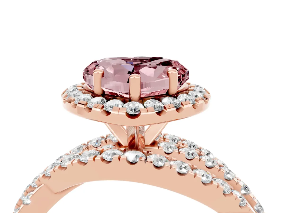 Heart Cut Morganite Halo Ring with Round Split Shank and Prong Setting Rose gold
