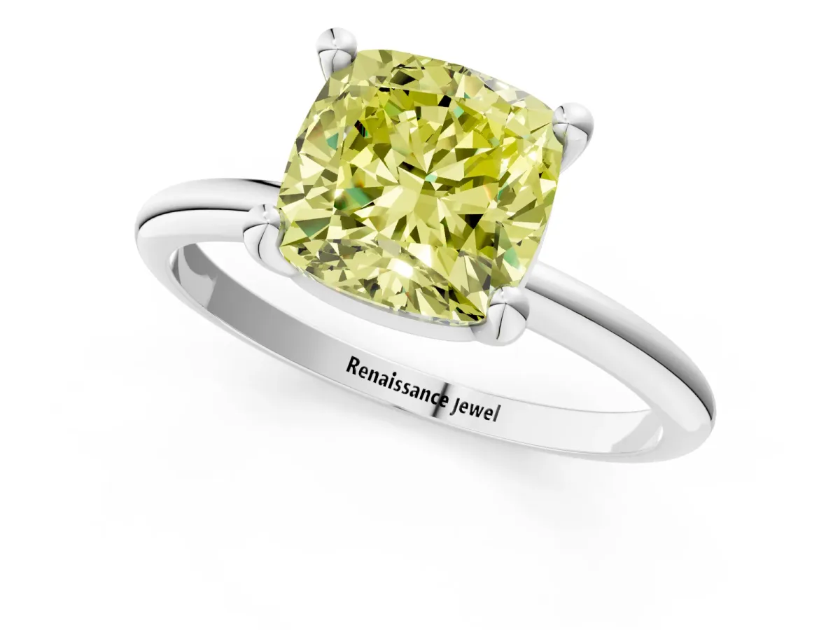 Fancy Yellow Cushion Cut Solitaire Diamond Ring with 4-Prong Setting on a Classic Band Silver