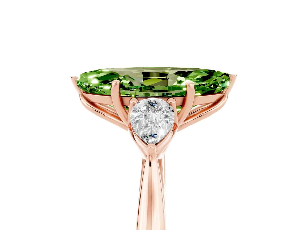 Marquise Cut Peridot Three-Stone Ring with Pear Side Stones and Prong Setting Rose gold