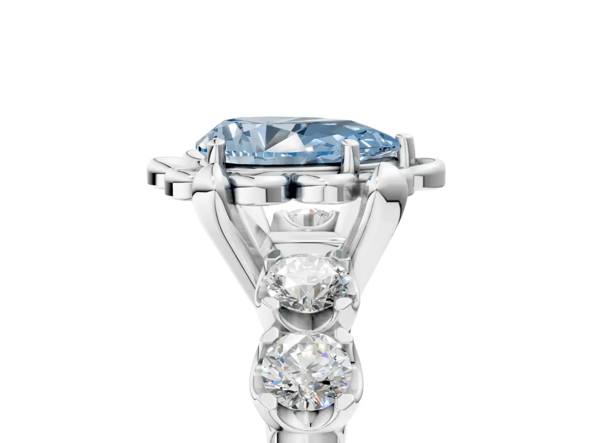 Fancy Blue Pear Cut Cut Diamond Floral Halo Engagement Ring with Shared Prong Setting Silver