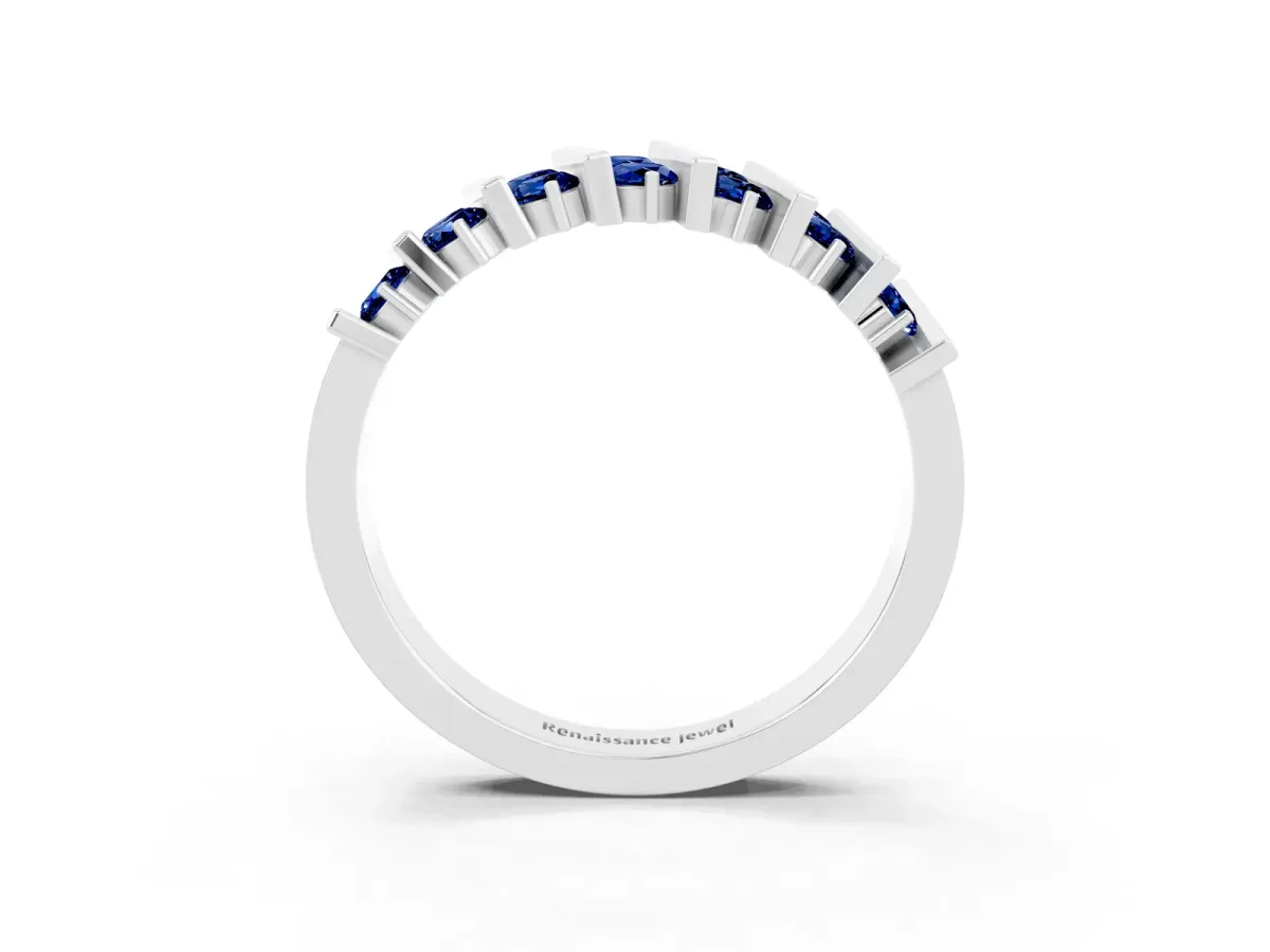 Channel Set Round Blue Sapphire Anniversary Band with Vertical Prongs Silver