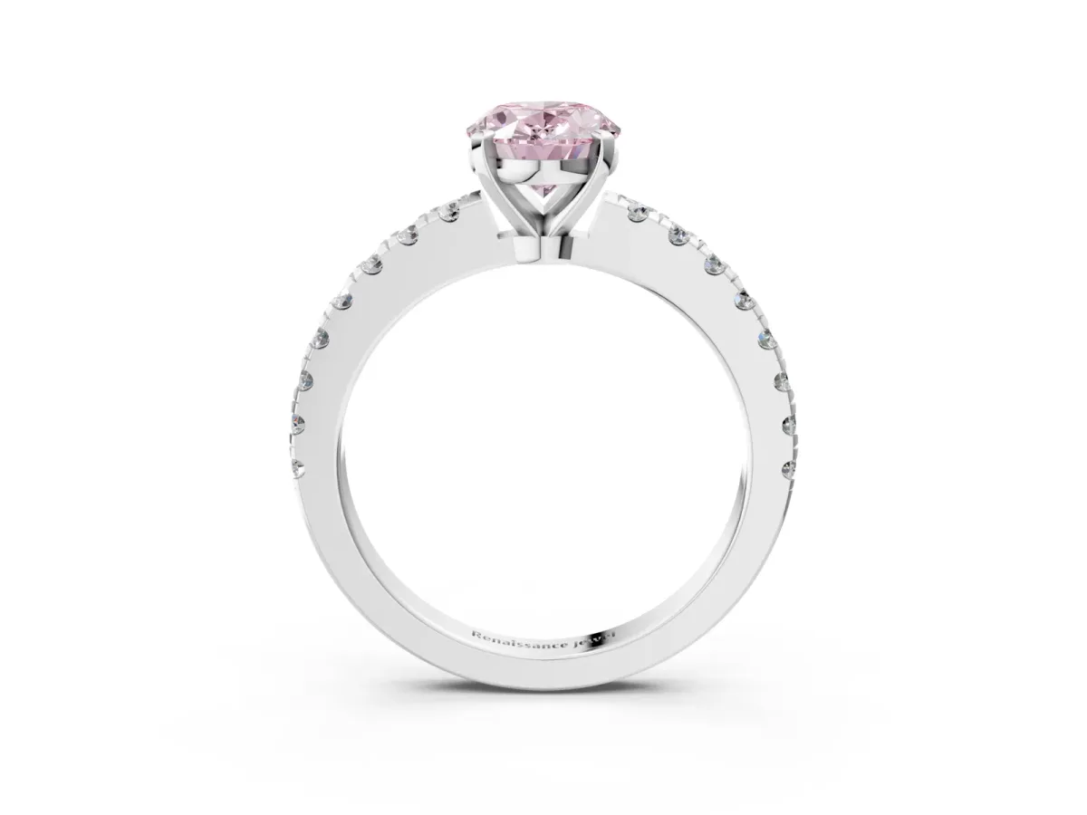 Fancy Pink Oval Cut Solitaire Diamond with Pavé Band and Four-Prong Setting Platinum