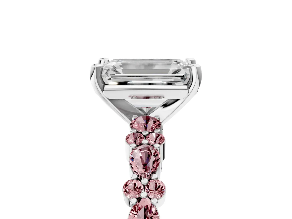 Emerald Cut Diamond Side Stone Solitaire Ring with Round Morganite and Four-Prong Setting Platinum