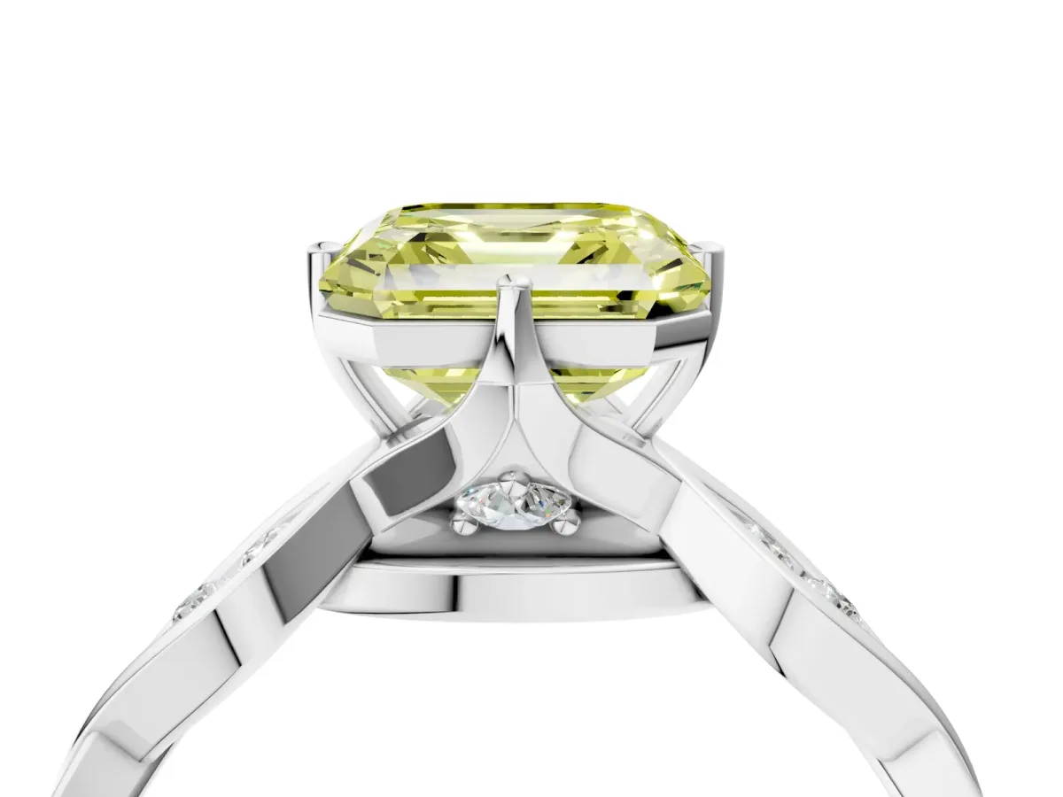 Fancy Yellow Asscher Cut Solitaire Twist Band with Leaf Prong Setting Platinum