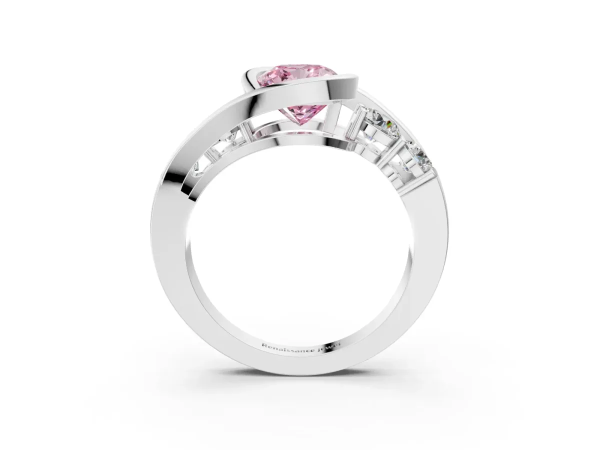 Fancy Pink Bezel Set Cushion Cut Diamond Bypass Ring with Round Accents Silver
