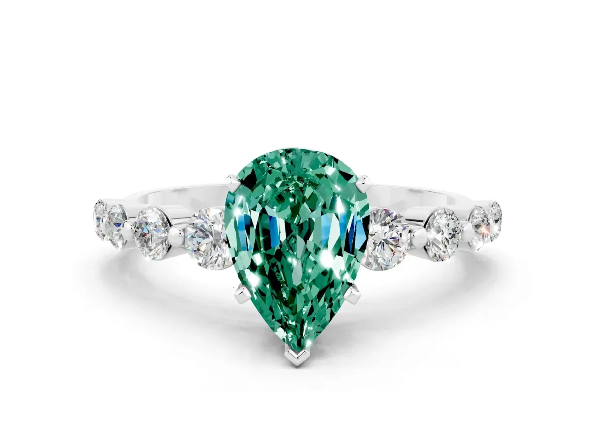 Pear Cut Solitaire Green Sapphire Ring with Pave Band and Four-Prong Setting Silver