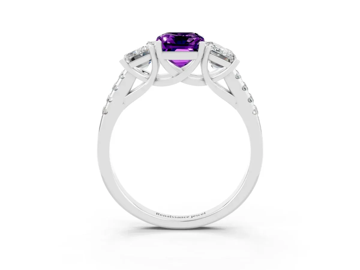 Three-Stone Emerald Cut Amethyst Ring with Round Pavé Band and Prong Setting White gold