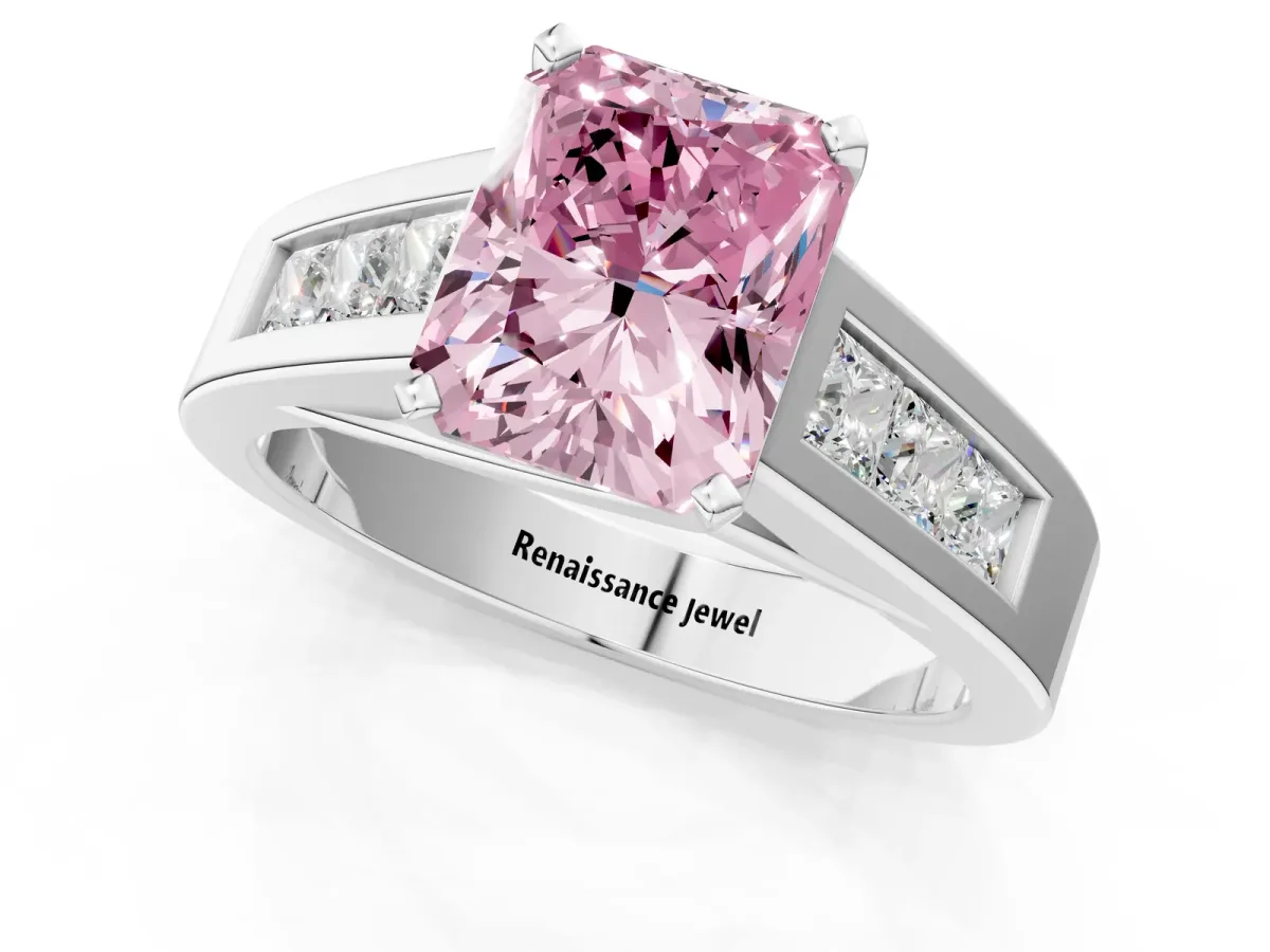 Fancy Pink Radiant Cut Cut Channel Set Solitaire Ring with Four-Prong Setting White gold