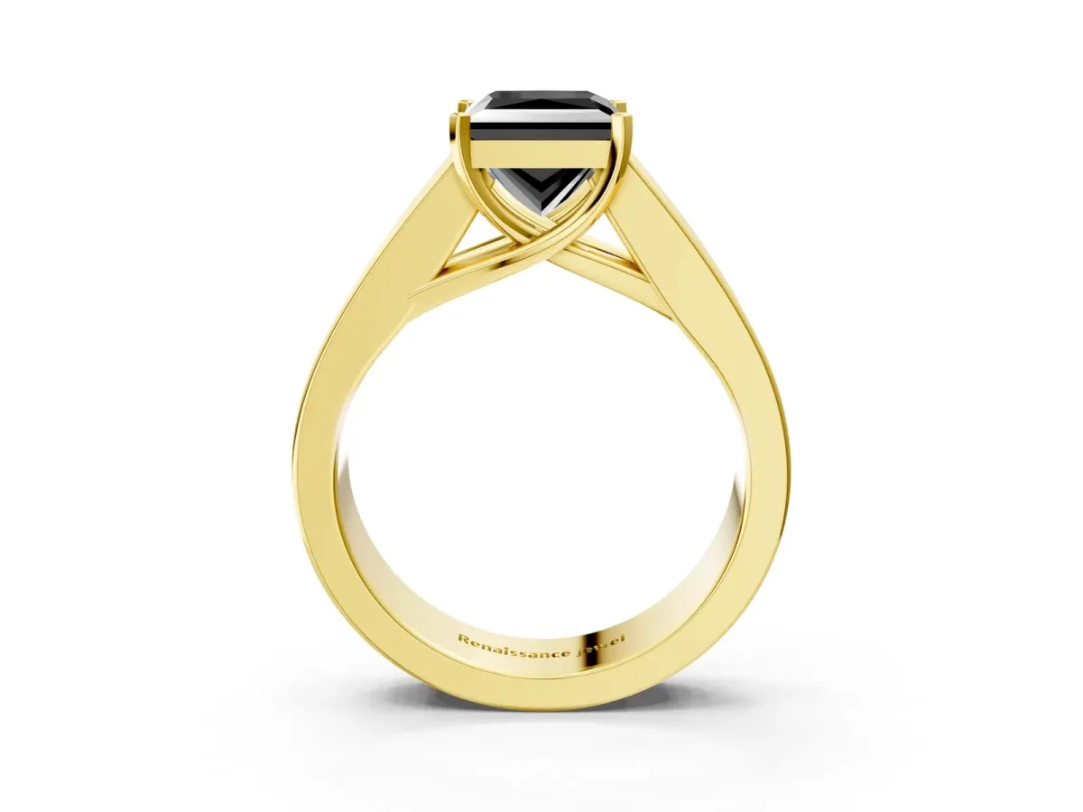 Fancy Black Princess Cut Cut Channel Set Solitaire Ring with Four-Prong Setting Yellow gold