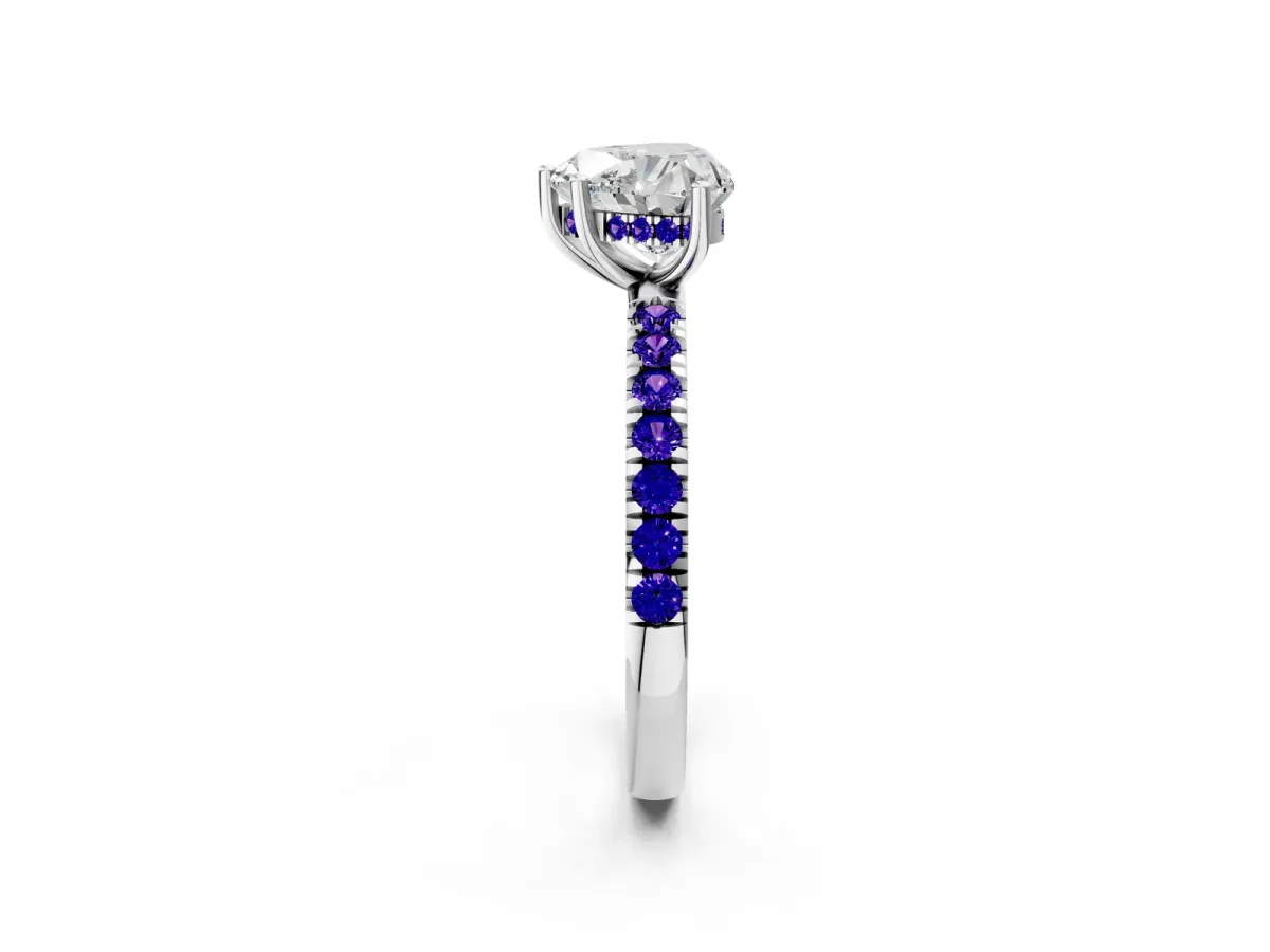 Heart Cut Diamond Pave Band Solitaire Ring with Round Tanzanite and Prong Setting Silver
