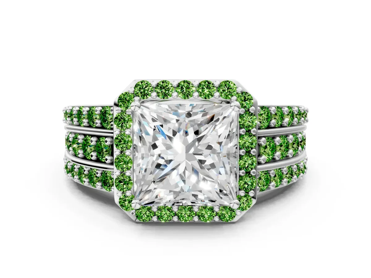 Princess Cut Halo Diamond Ring with Round Peridot Split Shank and Prong Setting Silver