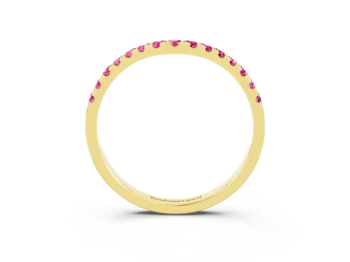 Curved Pavé Round Pink Sapphire Wedding Band with Shared Prong Setting Yellow gold