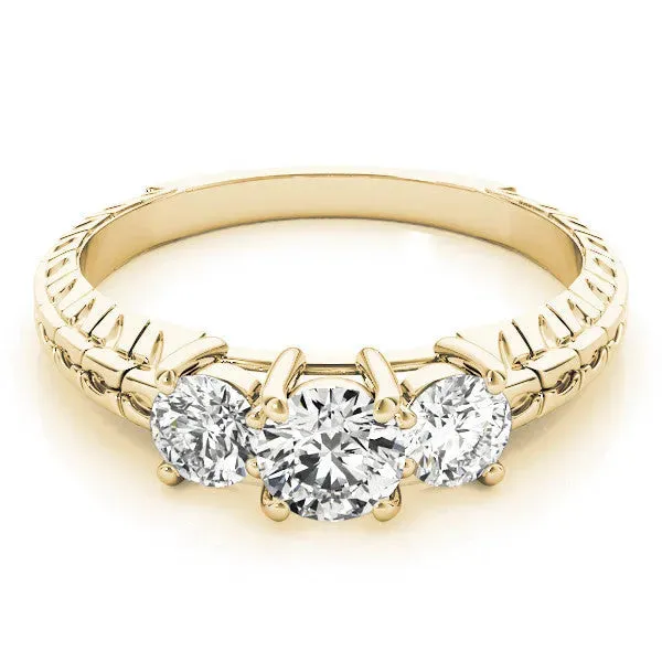 Three-Stone Emerald Cut Cut Diamond Ring with Channel-Set Band and Prong Setting Yellow gold