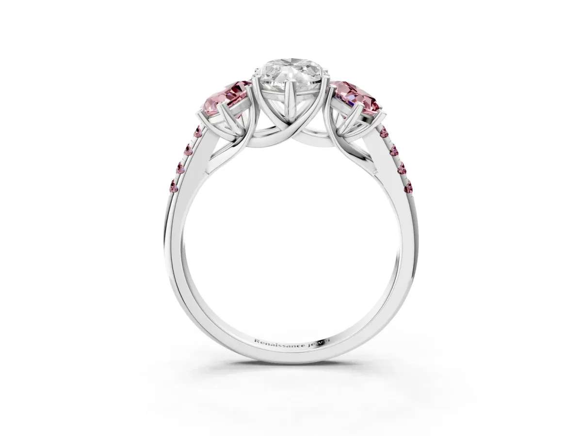 Three-Stone Marquise Cut Diamond Ring with Round Morganite Pavé Band and Prong Setting Silver