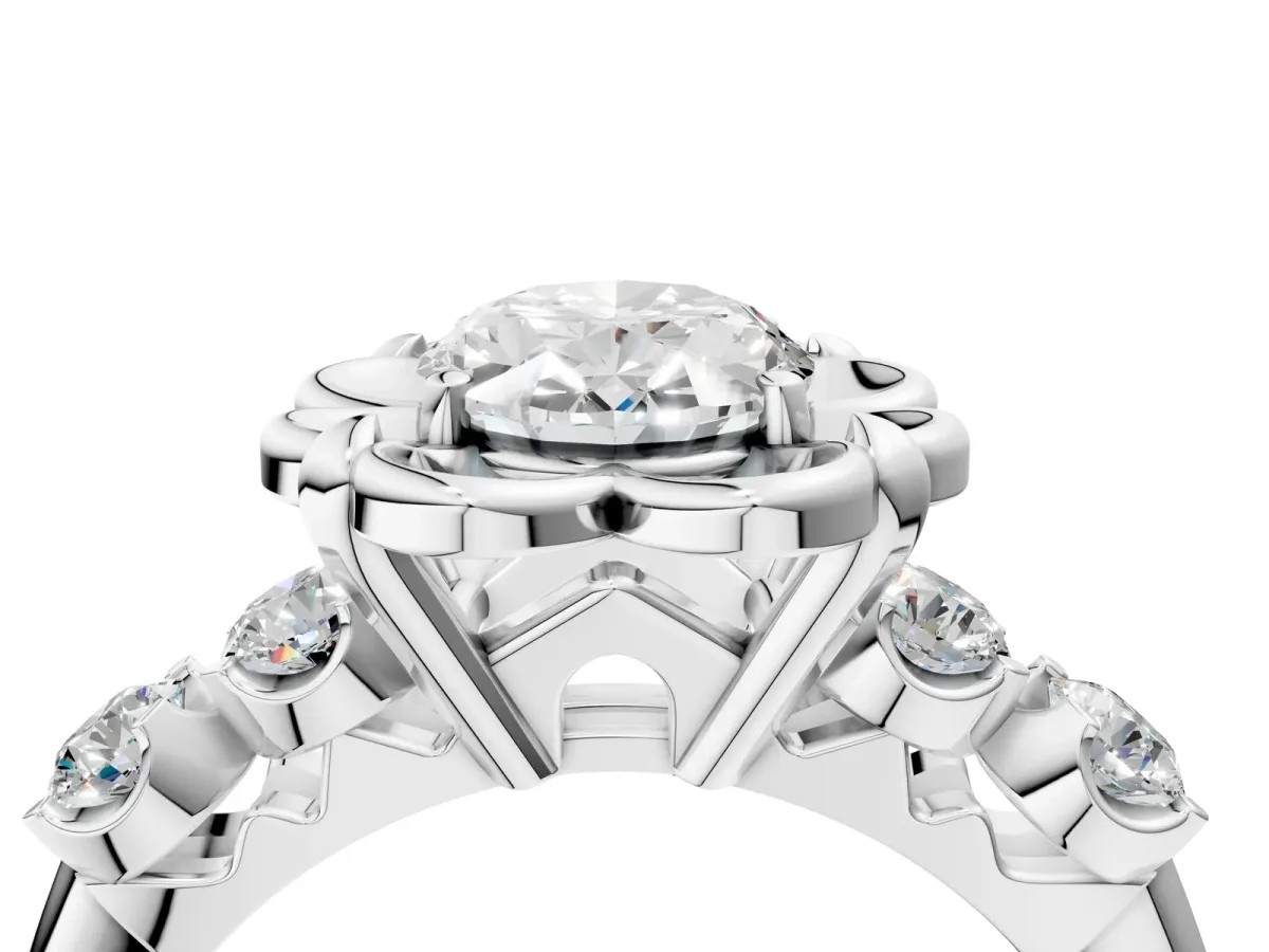 Oval Cut Cut Diamond Floral Halo Engagement Ring with Shared Prong Setting Platinum
