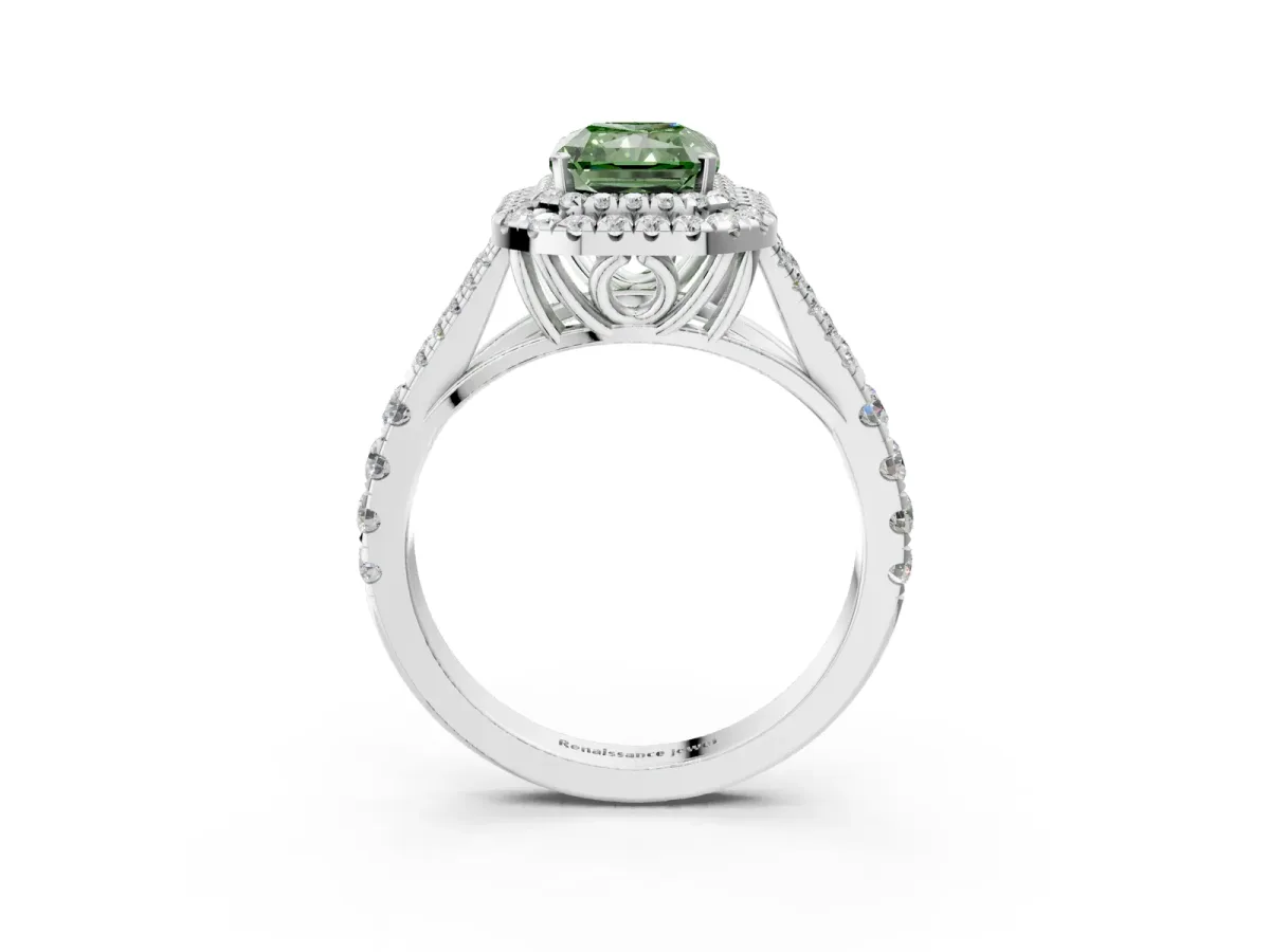 Fancy Green Radiant Cut Diamond Pavé Split Shank Double Halo Engagement Ring Platinum