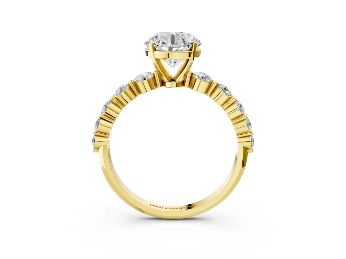 Round Cut Solitaire Diamond Ring with Pave Band and Four-Prong Setting Yellow gold
