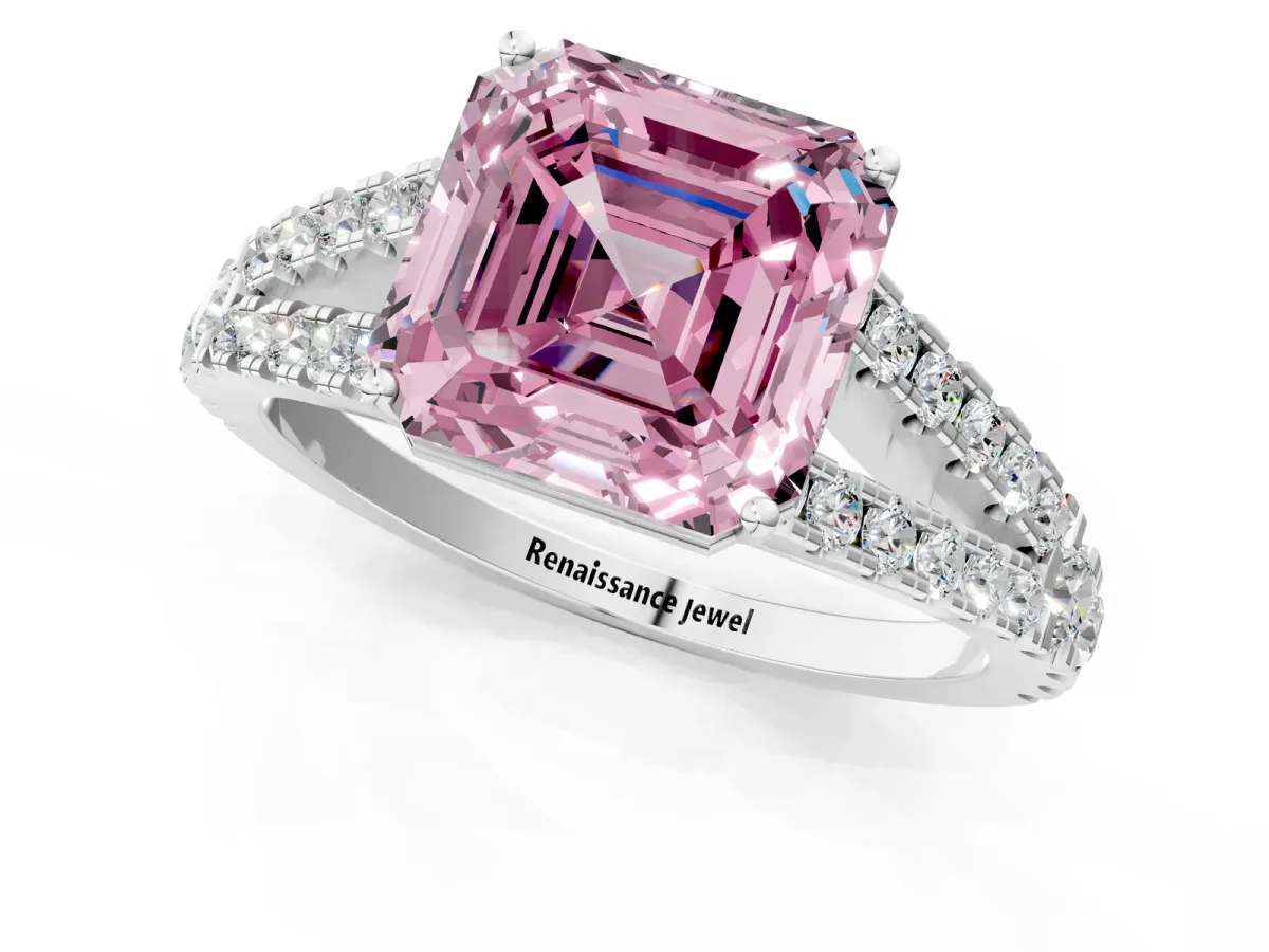 Fancy Pink Asscher Cut Diamond Split Shank Engagement Ring with Round Pavé and Prong Setting Platinum
