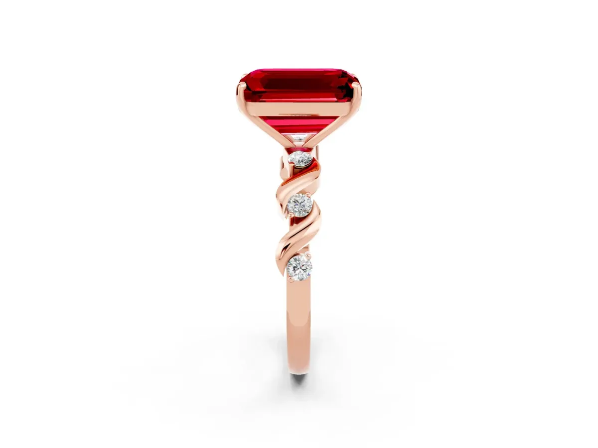 Emerald Cut Ruby Solitaire Twisted Band with Round Accents and Prong Setting Rose gold