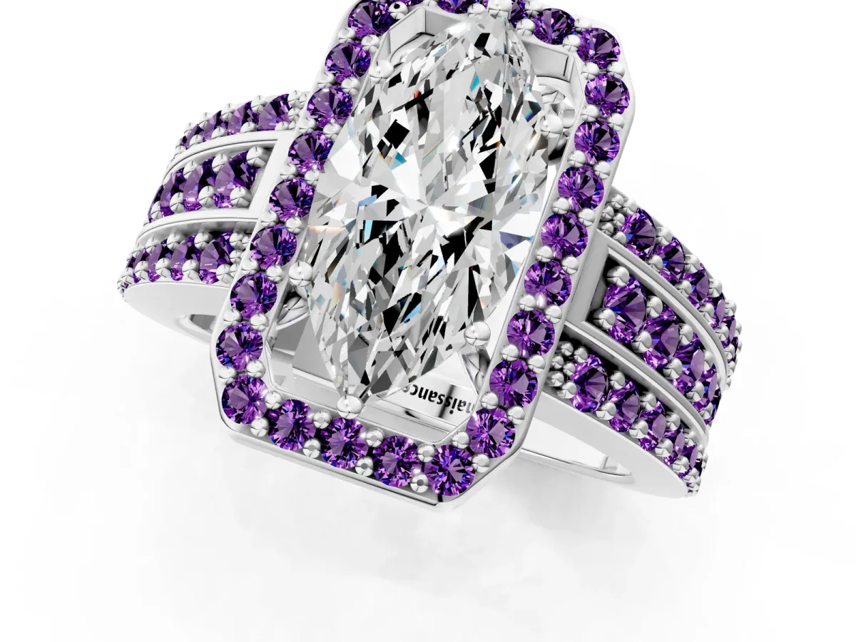 Marquise Cut Halo Diamond Ring with Round Amethyst Split Shank and Prong Setting Silver