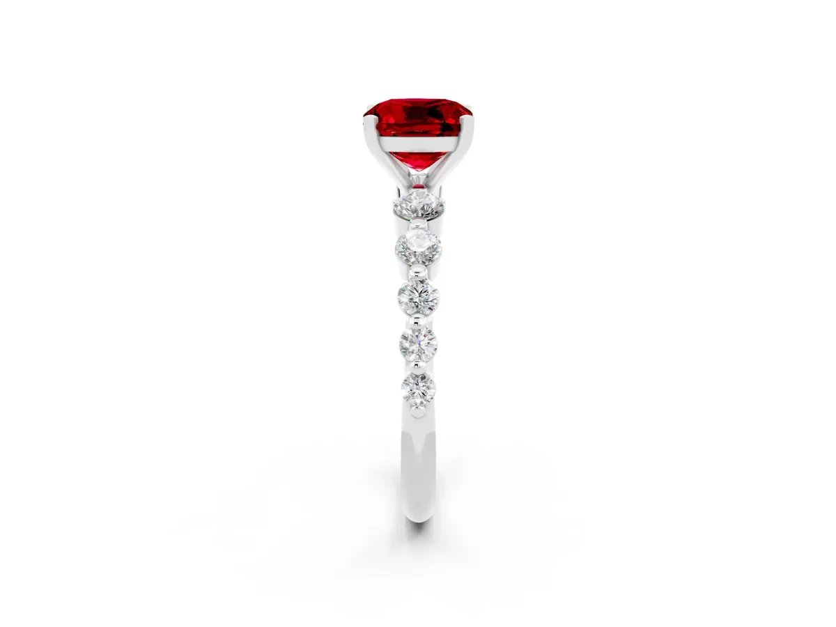 Cushion Cut Solitaire Ruby Ring with Pave Band and Four-Prong Setting White gold