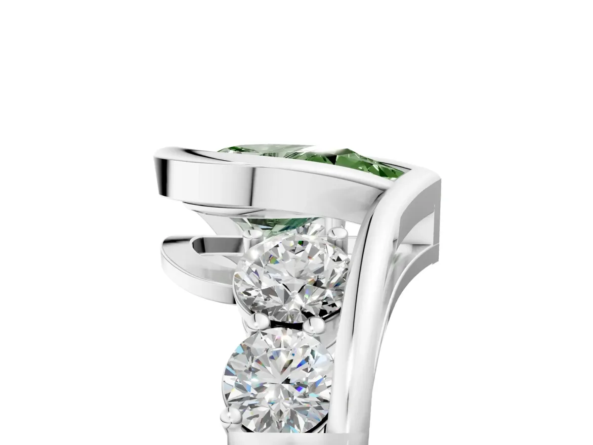 Fancy Green Bezel Set Pear Cut Diamond Bypass Ring with Round Accents Silver