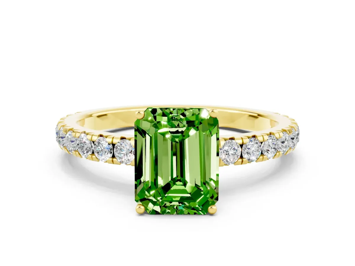 Emerald Cut Peridot Pavé Solitaire Engagement Ring with Four-Prong Setting Yellow gold