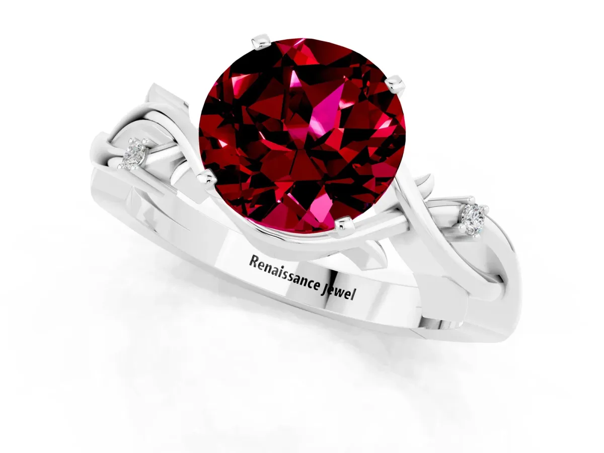 Round Cut Garnet Solitaire Ring with Twisted Band and Prong Setting Silver