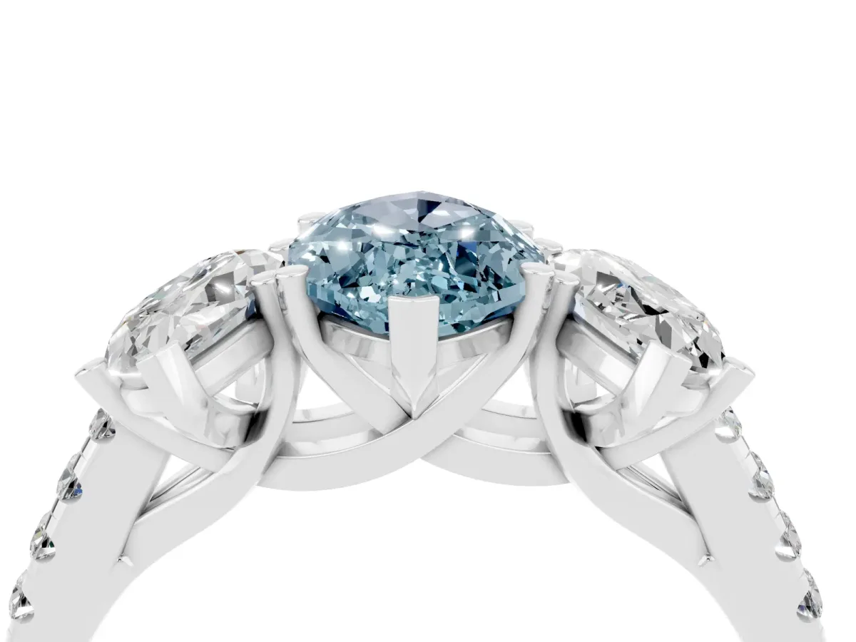 Three-Stone Marquise Cut Aquamarine Ring with Round Pavé Band and Prong Setting Silver