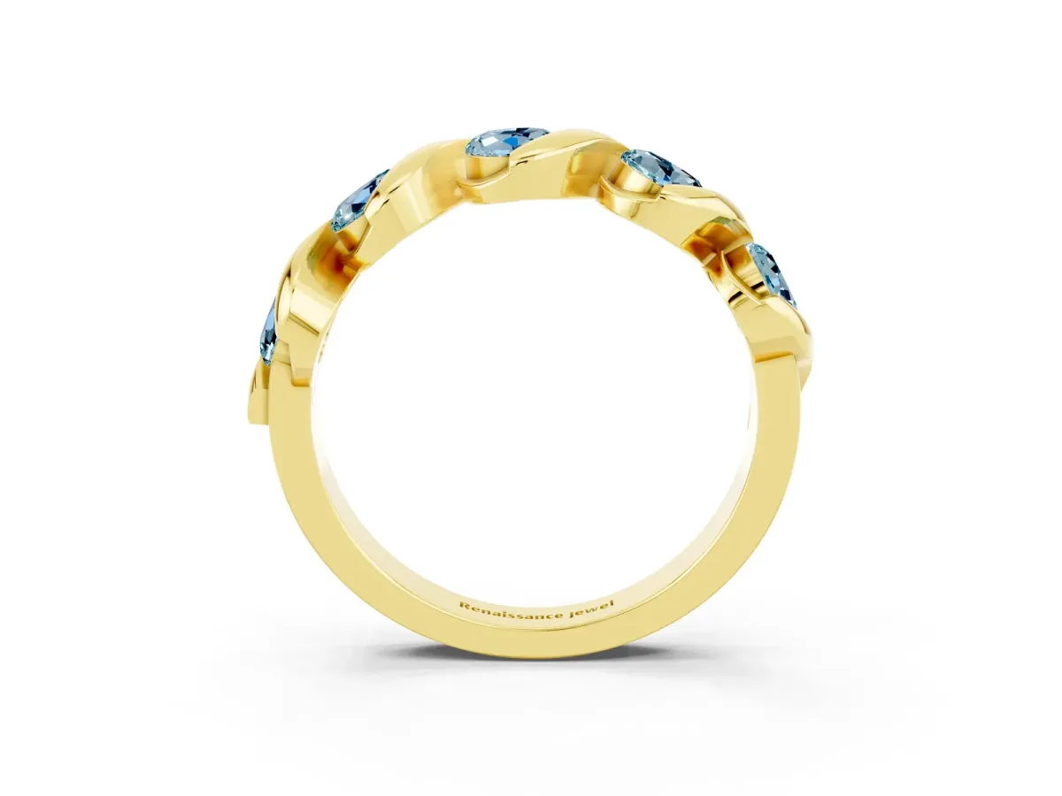 Round Aquamarine Wave Band with Channel Setting and Shared Prongs Yellow gold