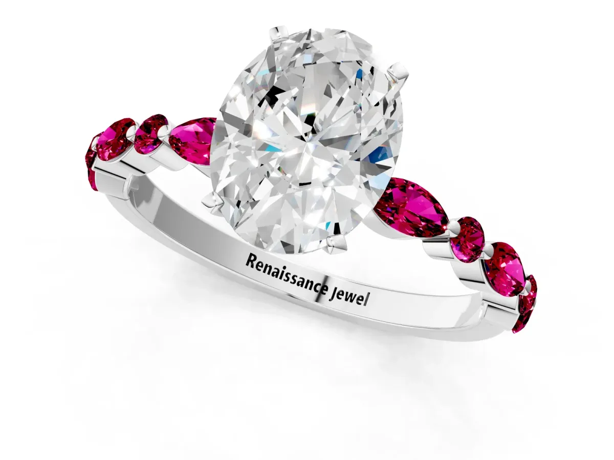 Oval Cut Diamond Ring with Marquise and Round Garnet Side Stones and Four-Prong Setting Silver