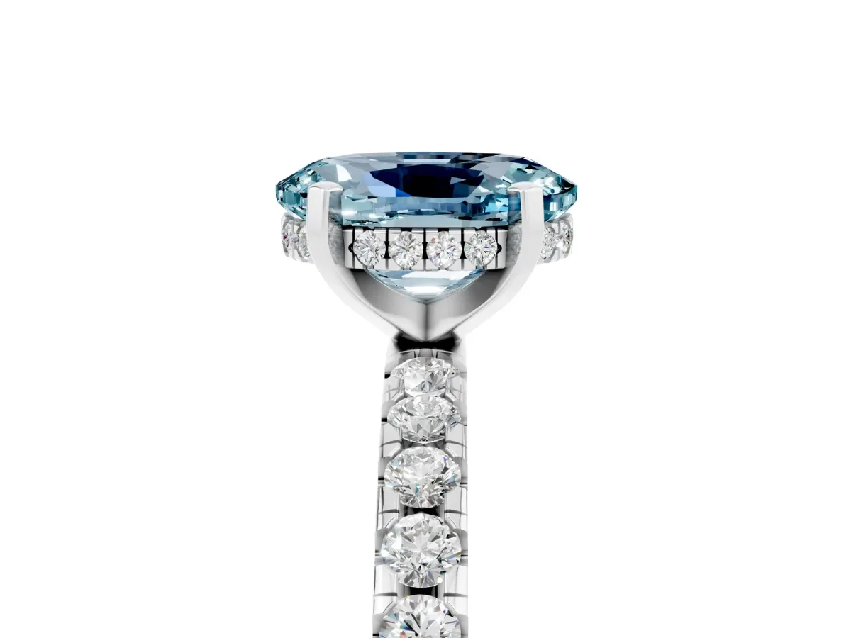 Oval Cut Aquamarine Solitaire Ring with Round Pavé Band and Four-Prong Setting Silver