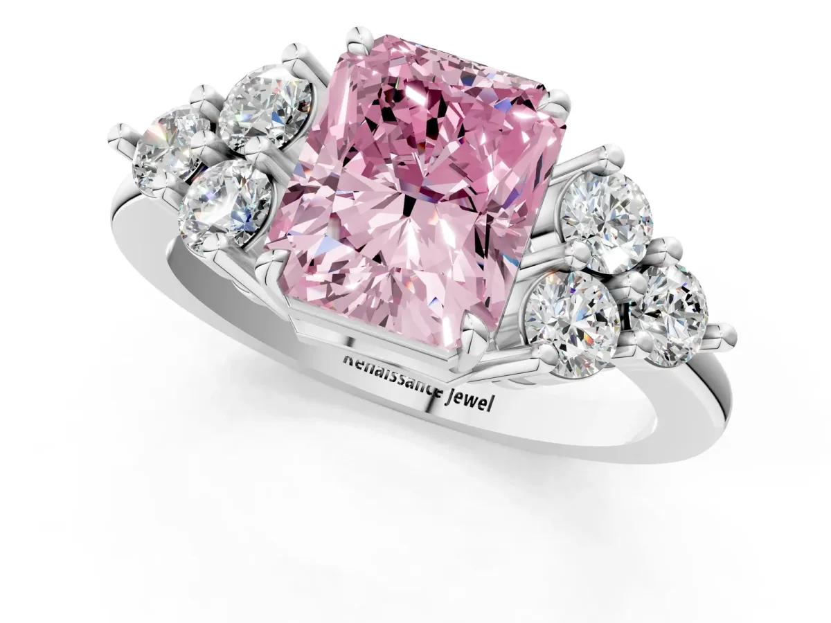 Fancy Pink Radiant Cut Brilliant Diamond Cluster Accent Solitaire Ring with Prong Setting Platinum