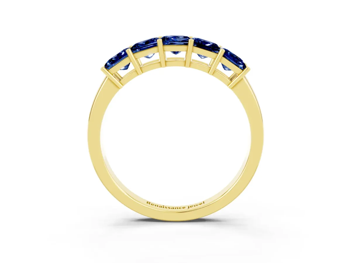 Princess Cut Five-Stone Blue Sapphire Band with Prong Setting Yellow gold