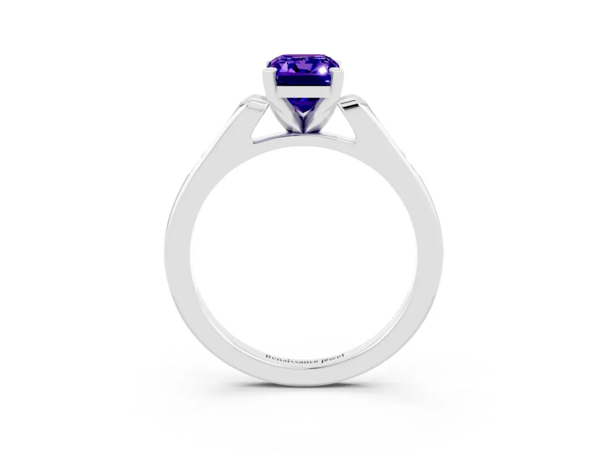 Emerald Cut Tanzanite Solitaire Ring with Channel Set Round Band and Prong Setting Silver