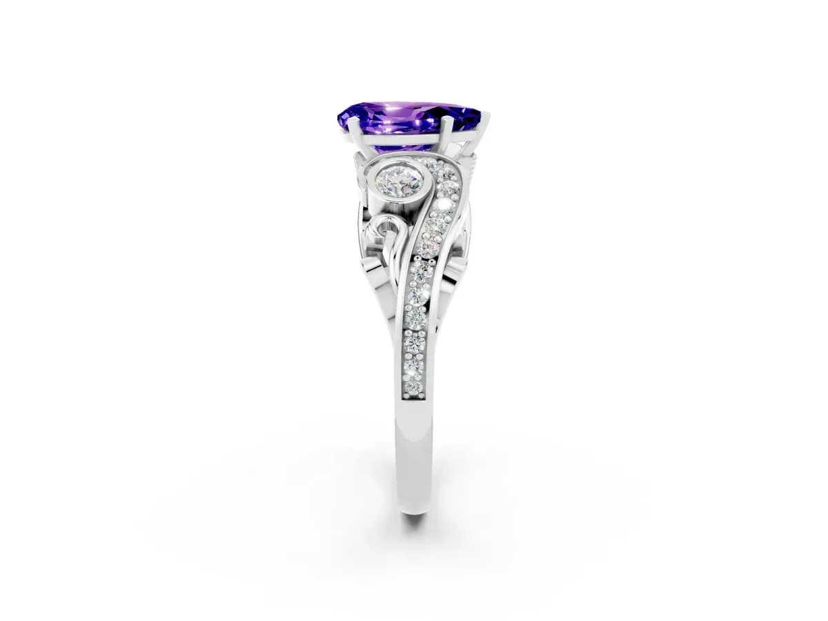 Pear Cut Tanzanite Solitaire Ring with Milgrain Pavé Band and Four-Prong Setting Silver