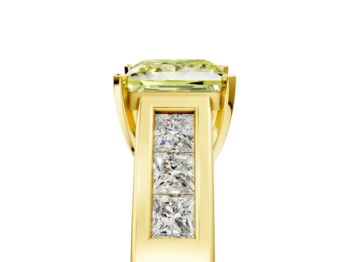 Fancy Yellow Princess Cut Cut Channel Set Solitaire Ring with Four-Prong Setting Yellow gold