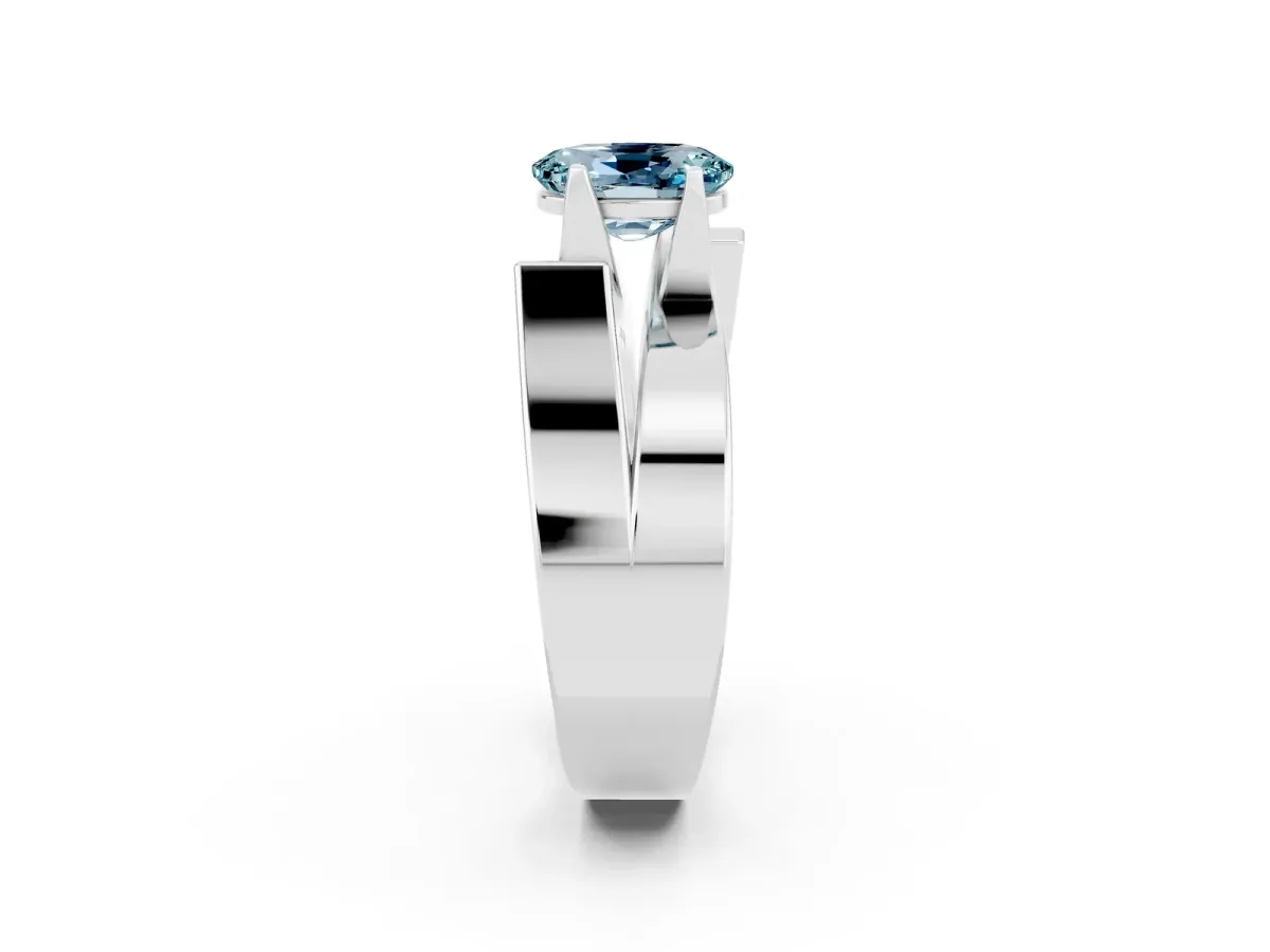 Modern Tension Set Oval Cut Aquamarine Solitaire Wide Band Ring Silver
