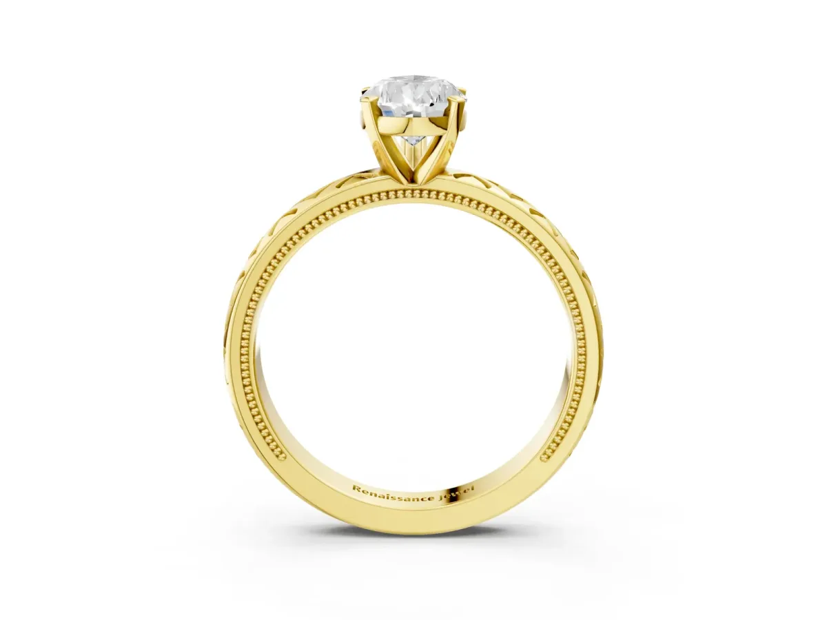 Pear Cut Solitaire Diamond Ring with Milgrain and Black Enamel X Pattern Band Yellow gold