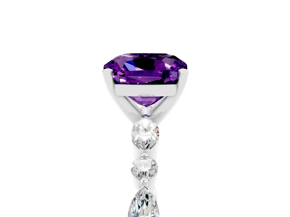 Cushion Cut Amethyst Ring with Marquise and Round Side Stones and Four-Prong Setting Silver