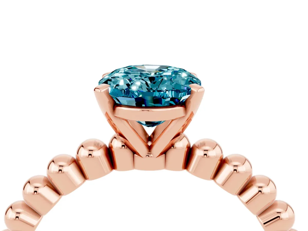 Oval Cut Blue Topaz Solitaire Ring with Beaded Band and Prong Setting Rose gold