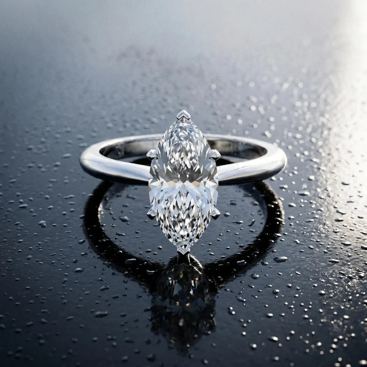 Marquise Cut Diamond Solitaire Engagement Ring with Classic Band and Four-Prong Setting Silver