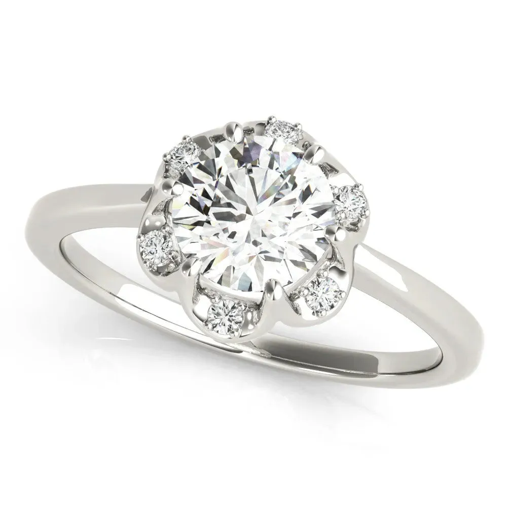 Round Cut Brilliant Halo Solitaire Ring with Scalloped Prong Setting Silver