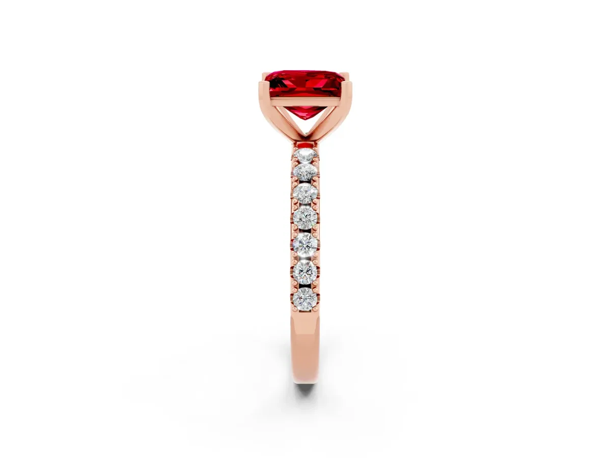 Princess Cut Ruby Solitaire Pavé Band with Four-Prong Setting Rose gold
