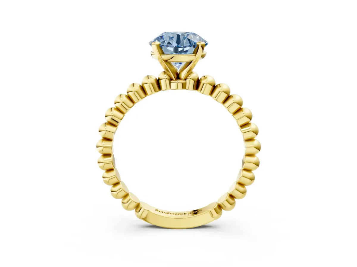 Fancy Blue Round Cut Diamond Solitaire Ring with Beaded Band and Prong Setting Yellow gold